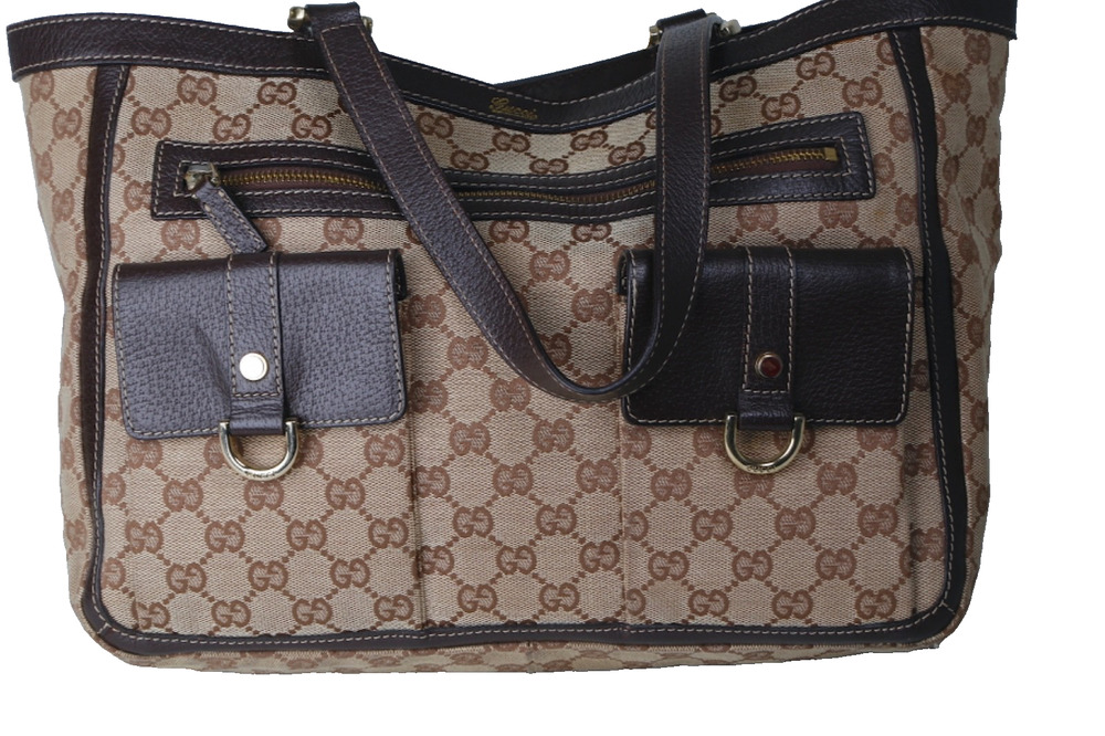 Vintage GUCCI GG Monogram Canvas Abbey D-Ring Pocket Tote Bag Brown Leather